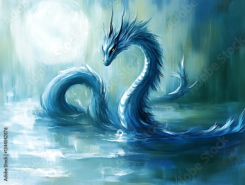 A blue serpent dragon creature in the water under the moon