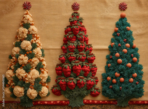 Decorative Christmas Trees Made of Yarn Against Neutral Background  