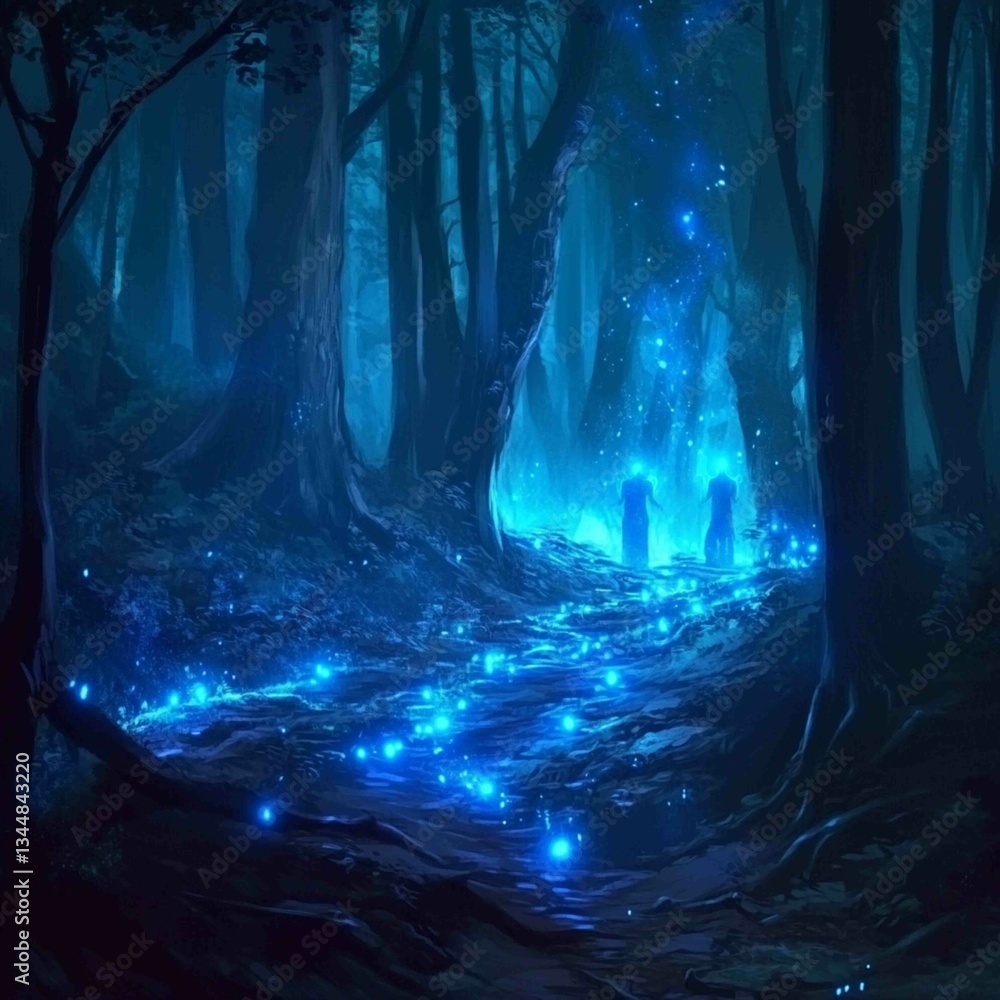 Mystical Forest Path Illuminated by Glowing Blue Light Mystical Forest Path Illuminated by Glowing Blue Light