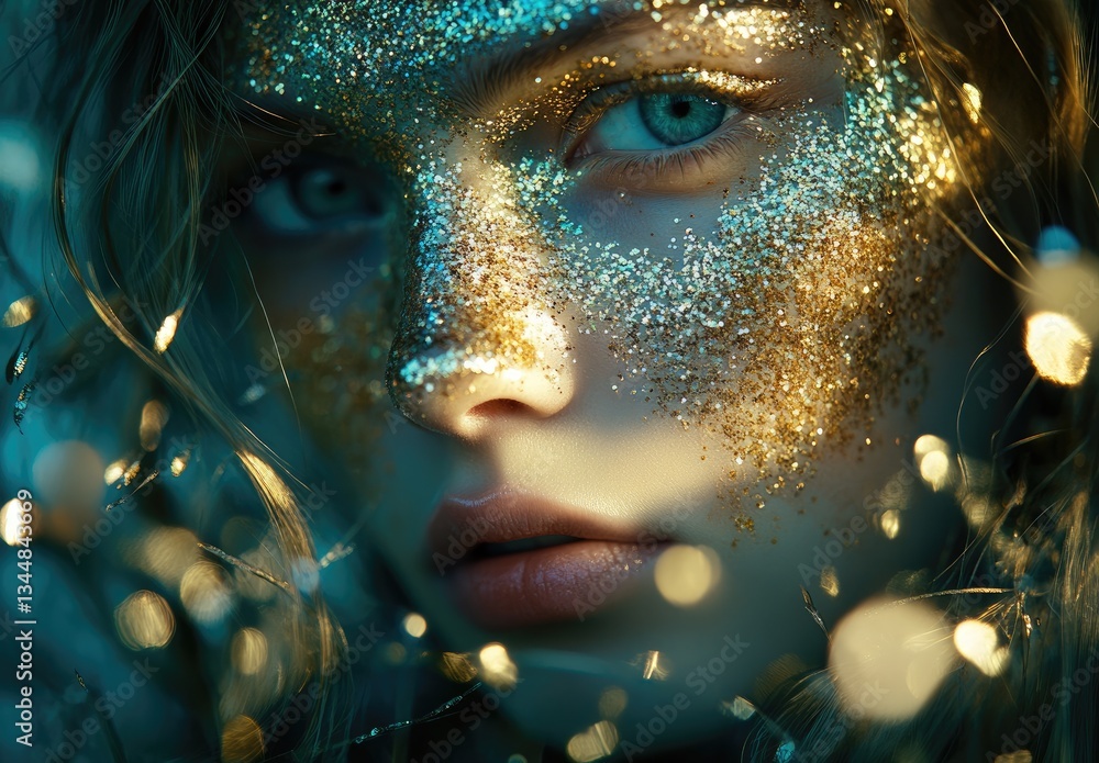 A beautiful woman with golden skin and colorful bioluminescent glitter on her face A beautiful woman with golden skin and colorful bioluminescent glitter on her face