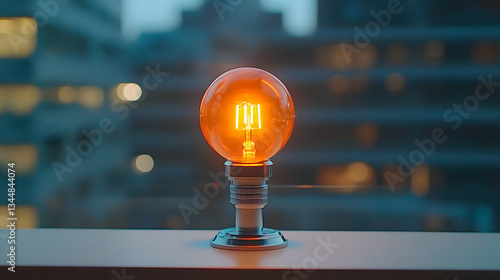 Orange Glowing Lightbulb On Table Near Window With City Background Illuminating Brightly