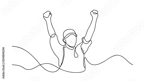 Triumphant Child, Singleline Drawing, Joyful Celebration, Uplifted Arms, Success