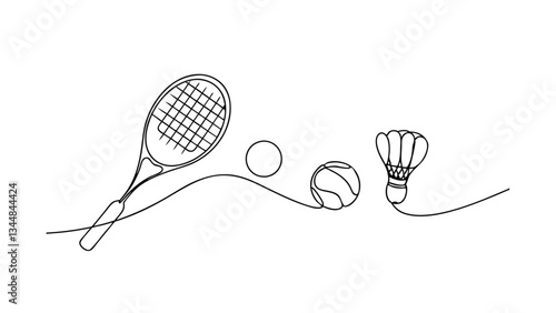 Tennis Racket, Badminton Shuttlecock, Balls, Oneline Drawing, Sports, Recreation, Fitness, Exercise,