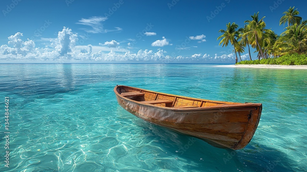 A wooden boat floating in the middle of a tropical ocean A wooden boat floating in the middle of a tropical ocean