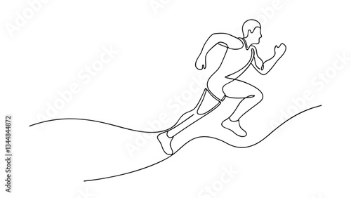 A singleline illustration depicts a male athlete running, showcasing determination despite using a prosthetic leg. The style is minimalist, emphasizing movement and perseverance.