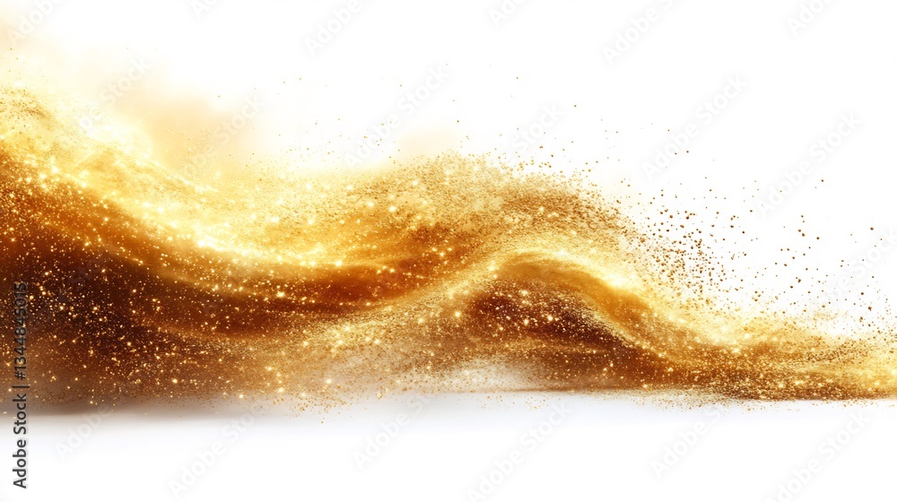 Fototapeta premium Conceptual abstract representation of time featuring cascading golden sand transforming into shimmering light trails symbolizing fleeting nature of time isolated on white
