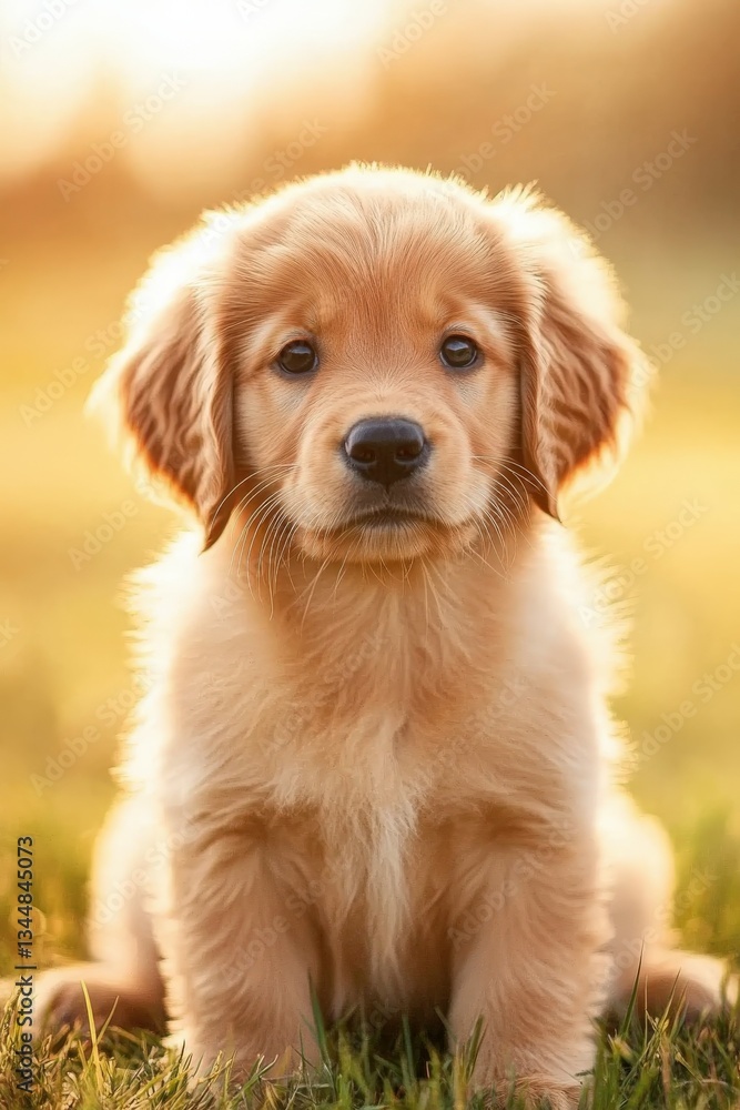 Golden retriever puppy sitting in a sunlit meadow Golden retriever puppy sitting in a sunlit meadow