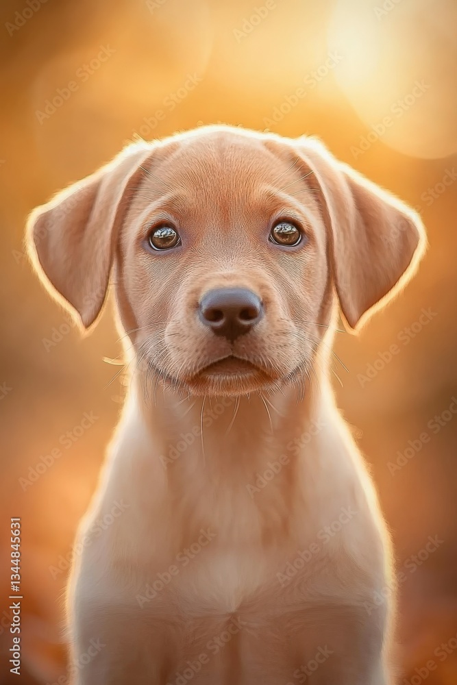 Cute puppy gazes with soft expression against sunset Cute puppy gazes with soft expression against sunset