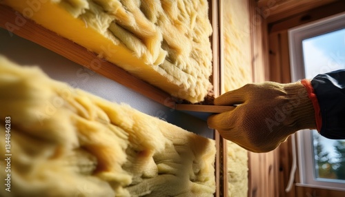 Close-up of insulation material being inserted into the walls of a modern home, showcasing energy efficiency, construction precision, and sustainable building techniques.
