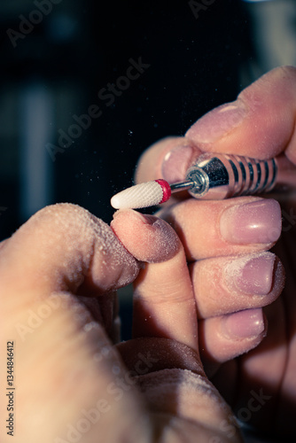 Nail Technician Using Electric Nail Drill for Manicure and Nail Care