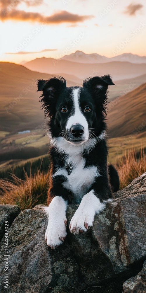 Fototapeta premium Dog relaxing on rocks during sunset in mountains