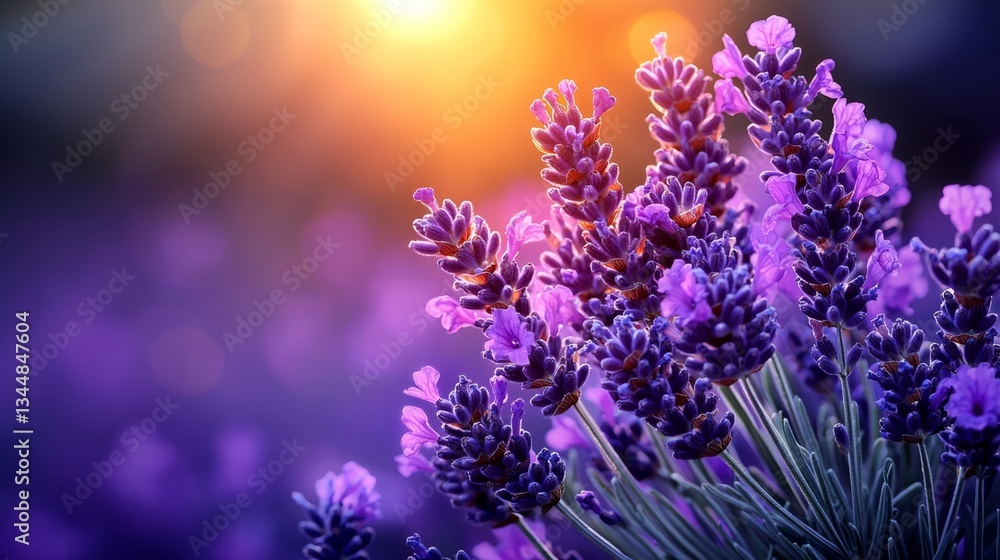 A bunch of lavender flowers with the sun setting in the background A bunch of lavender flowers with the sun setting in the background