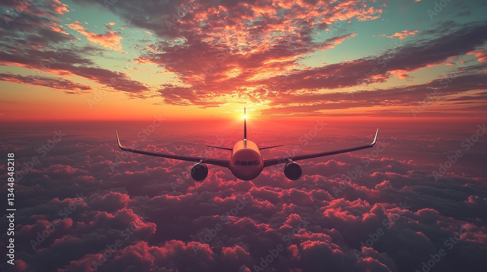 A plane flying above the clouds at sunset A plane flying above the clouds at sunset