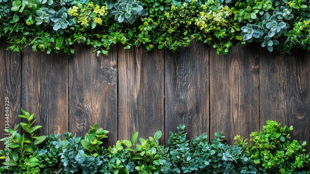 A wooden background with green plants growing on it A wooden background with green plants growing on it