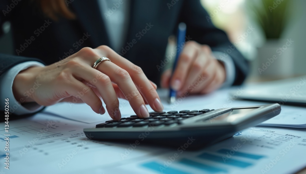 Accountant woman calculates data on calculator. Financial charts, graphs, pen, laptop and documents on office desk. Financial analysis, investment, budget, economy, marketing report, income concept. Accountant woman calculates data on calculator. Financial charts, graphs, pen, laptop and documents on office desk. Financial analysis, investment, budget, economy, marketing report, income concept.