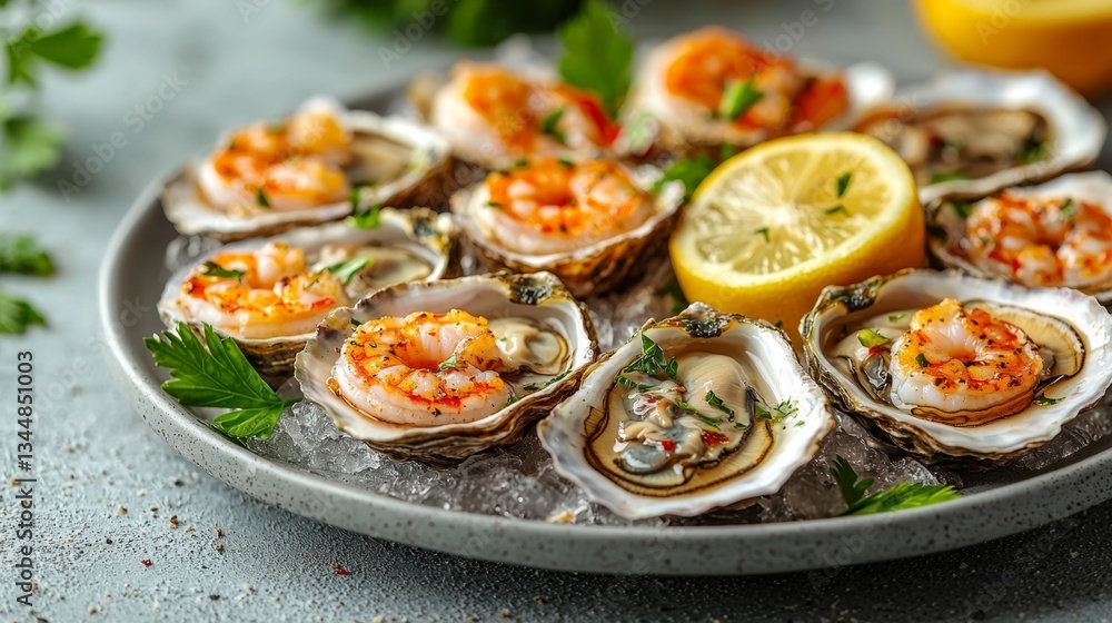 A plate of oysters with shrimp and lemon on ice A plate of oysters with shrimp and lemon on ice