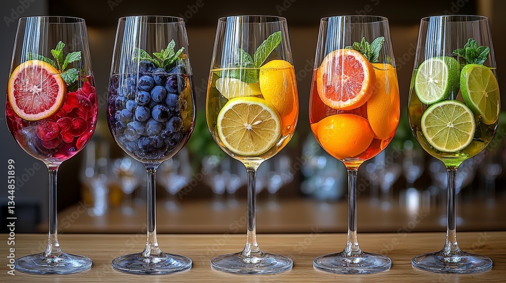 A row of wine glasses filled with different types of fruit A row of wine glasses filled with different types of fruit