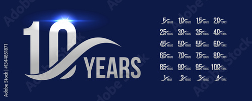 Silver anniversary emblem set with numbers representing different milestone years. Elegant corporate celebration design for branding, marketing, event promo, greeting card. Vector illustration