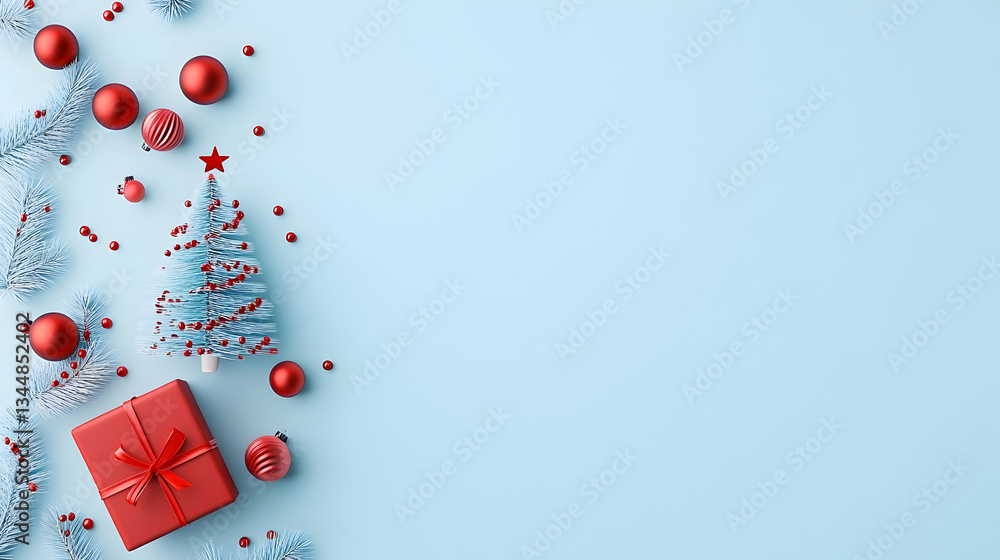 Festive blue background with a miniature Christmas tree, red ornaments, gift, and frosted pine Festive blue background with a miniature Christmas tree, red ornaments, gift, and frosted pine