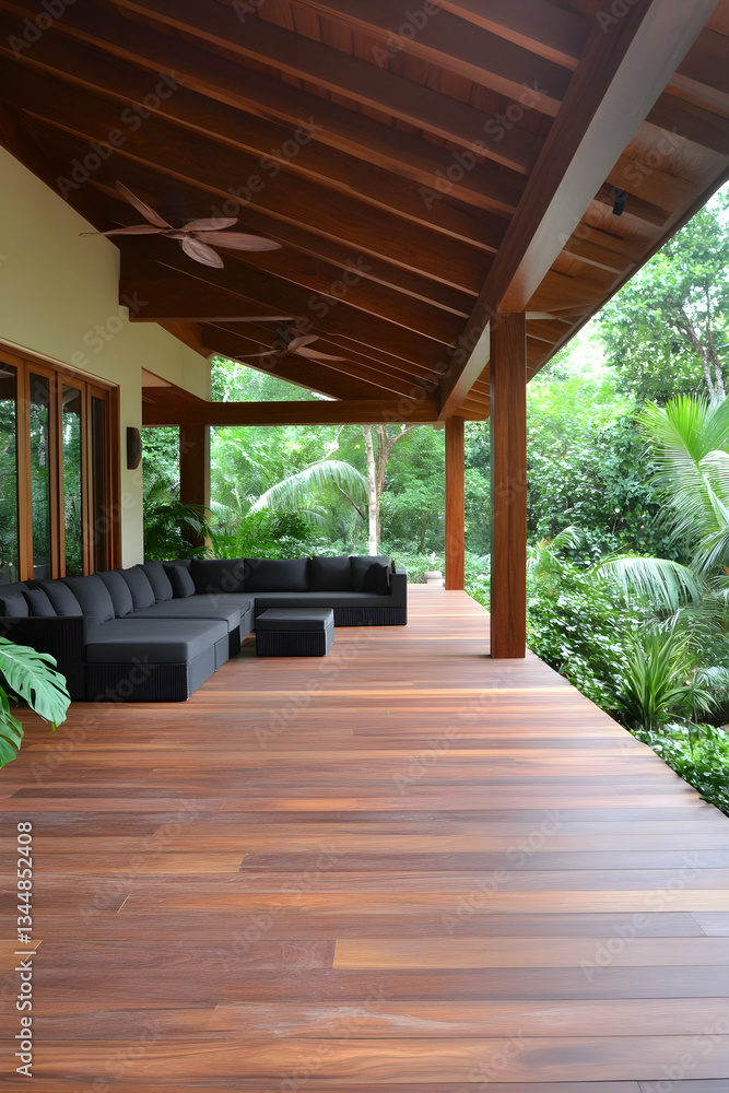 Expansive wooden deck with sectional sofa overlooking lush greenery Expansive wooden deck with sectional sofa overlooking lush greenery