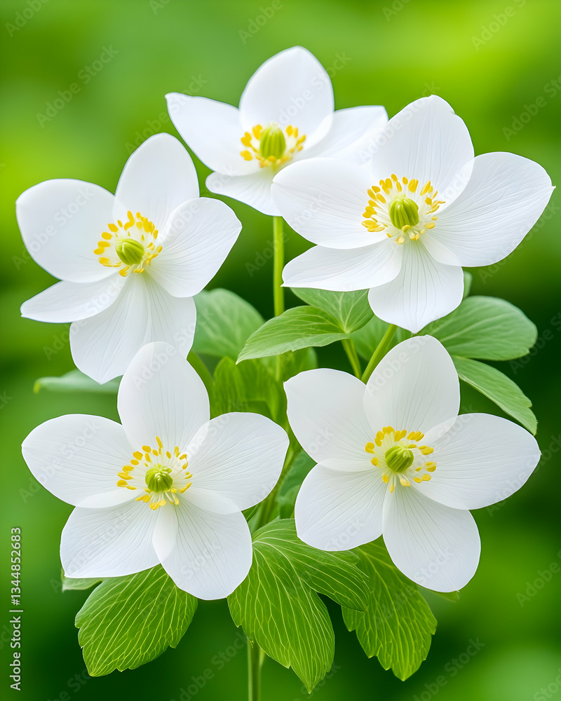 Fototapeta premium Five pristine white flowers with yellow centers, lush green foliage, close-up