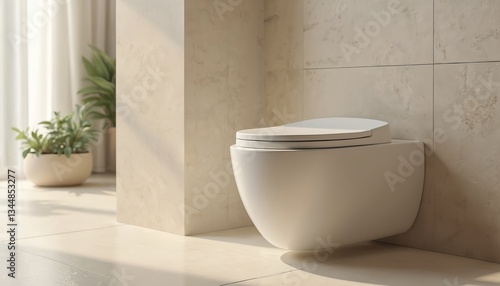 Minimalist bathroom interior. White toilet bowl on marble tiled wall. Modern wc design. Daylight illuminates washroom with green plant. Luxury apartment restroom. Home concept.