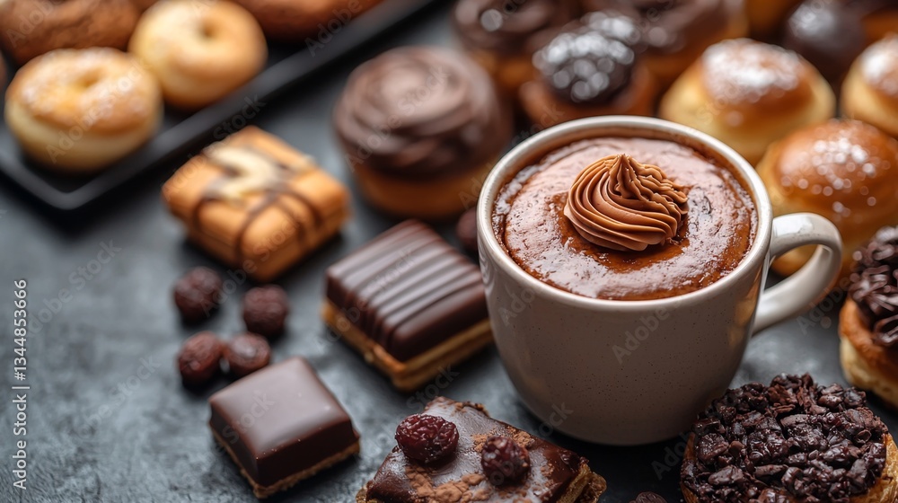 A cup of coffee surrounded by pastries on a table A cup of coffee surrounded by pastries on a table