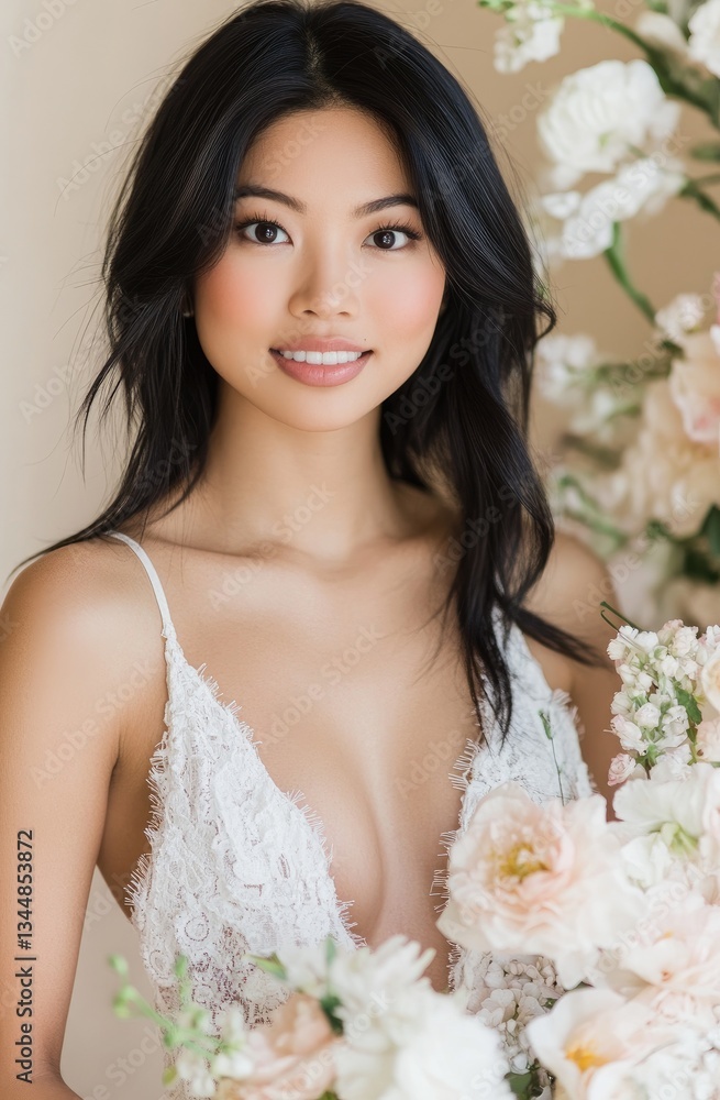 A beautiful Asian woman with black hair, wearing a white dress and holding flowers in her hand, poses for the camera A beautiful Asian woman with black hair, wearing a white dress and holding flowers in her hand, poses for the camera