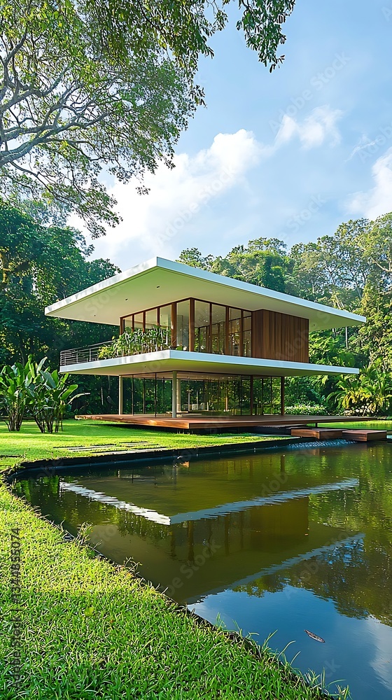 Modern House for Tropical Garden, Pond Reflection. Modern House for Tropical Garden, Pond Reflection.