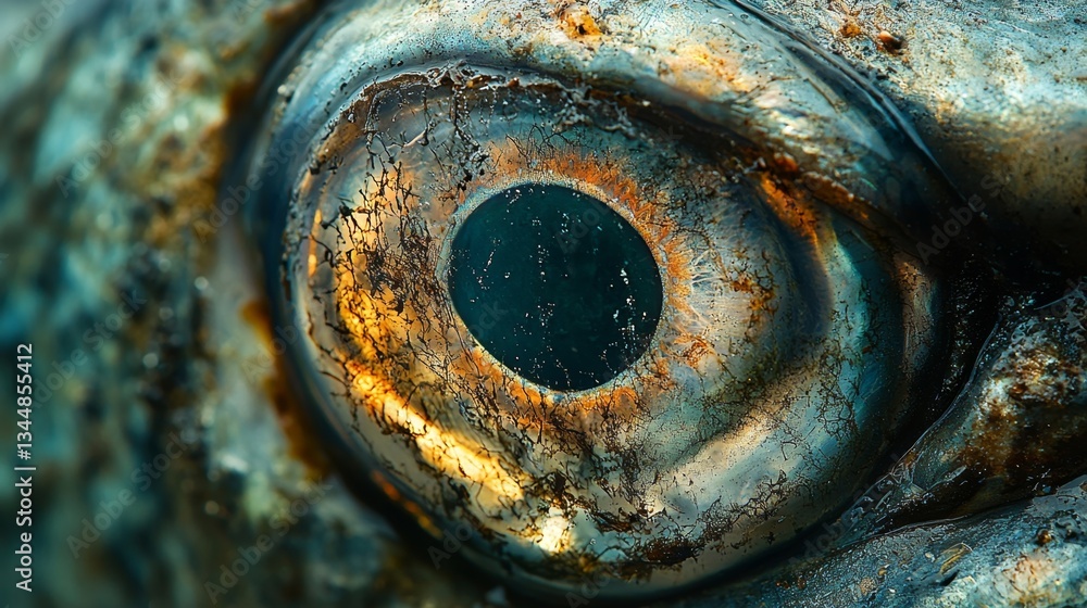 A close up of a fish's eye with rust on it A close up of a fish's eye with rust on it
