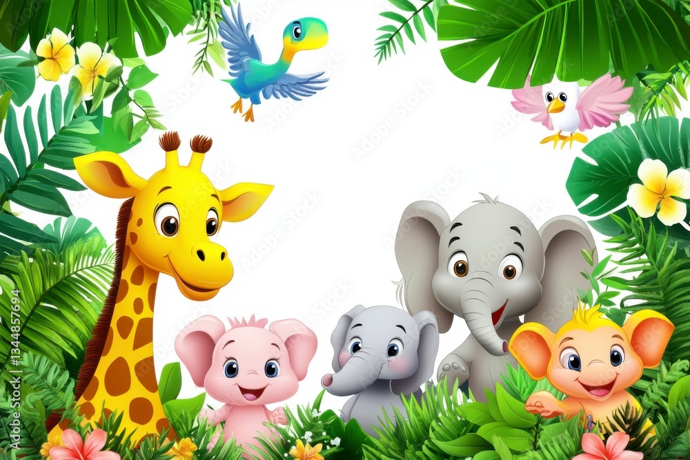 Naklejka premium A cute cartoon watercolor illustration of baby animals like giraffes, elephants, and birds in the jungle with green foliage. The background is white with some light pastel colors for coloring page