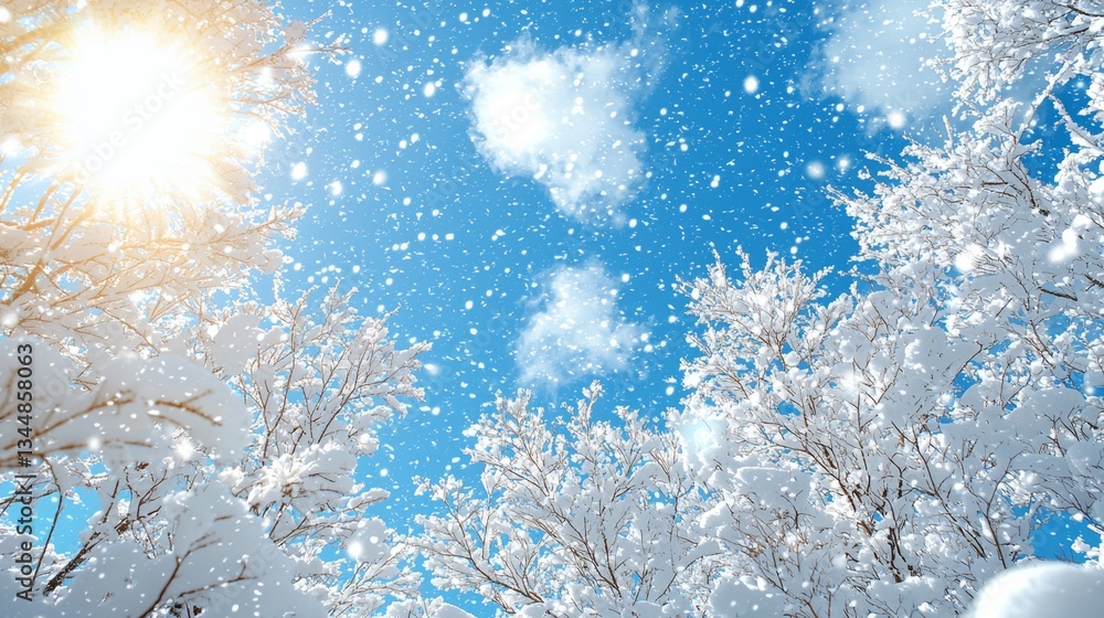 A snow covered tree with the sun shining through the branches A snow covered tree with the sun shining through the branches