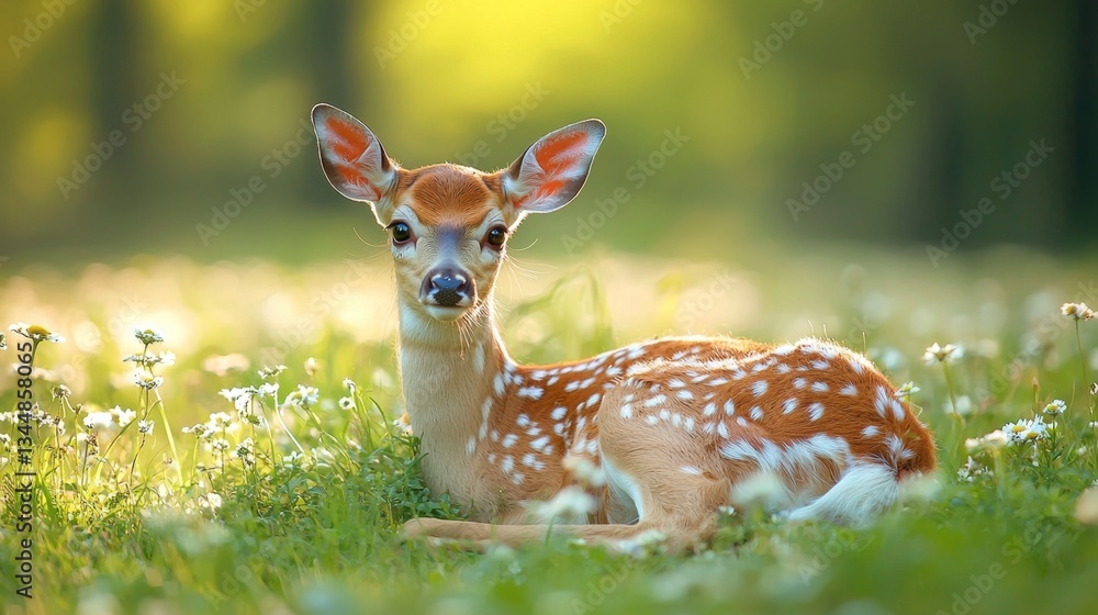 A fawn laying in a field of flowers in the sunlight A fawn laying in a field of flowers in the sunlight