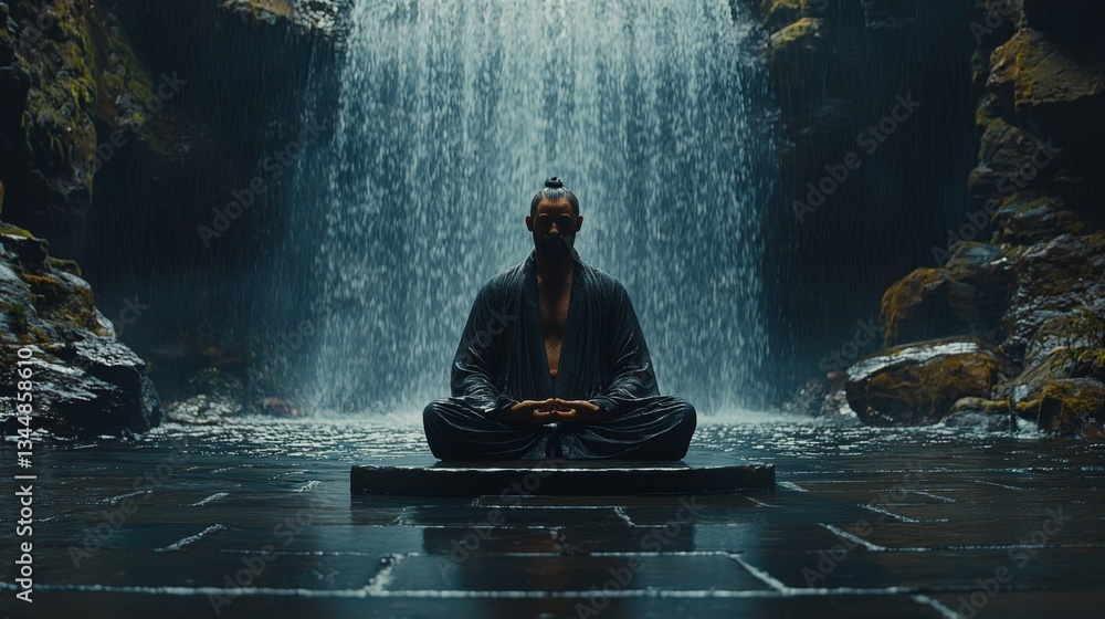 A man meditating in front of a waterfall A man meditating in front of a waterfall