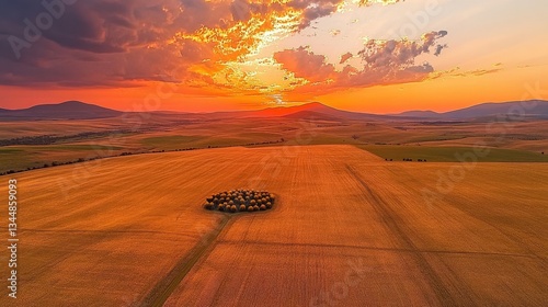 Breathtaking Sunset Over Golden Wheat Fields and Distant Mountains in the Horizon