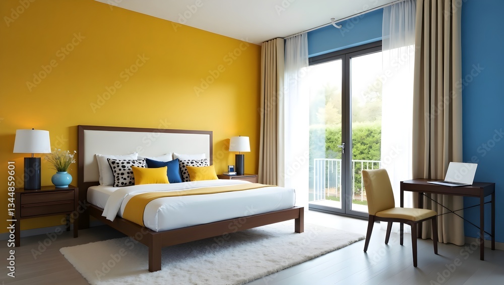 Fototapeta premium Modern bedroom design with yellow wall, interior decor and furniture arrangement showcasing style and comfort 