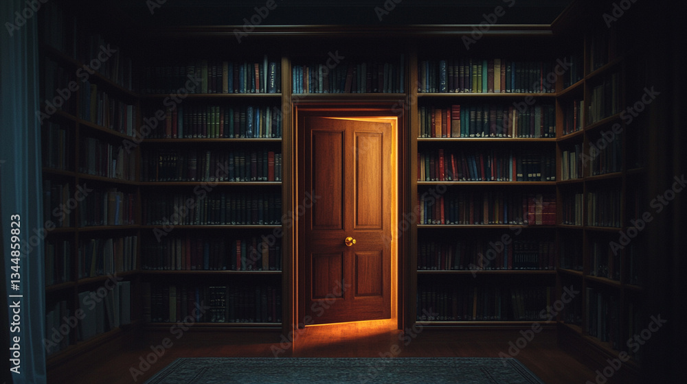 A mysterious wooden door slightly ajar in a dimly lit library surrounded by towering bookshelves A mysterious wooden door slightly ajar in a dimly lit library surrounded by towering bookshelves
