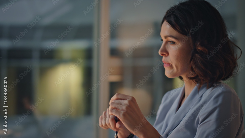 Pensive businesswoman sitting office chair closeup. Serious woman pondering Pensive businesswoman sitting office chair closeup. Serious woman pondering