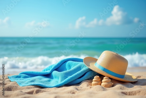 Straw hat and blue towel on sandy beach with small sand sculptures near ocean waves under clear blue sky, symbolizing relaxation, summer vacation, and seaside getaway.