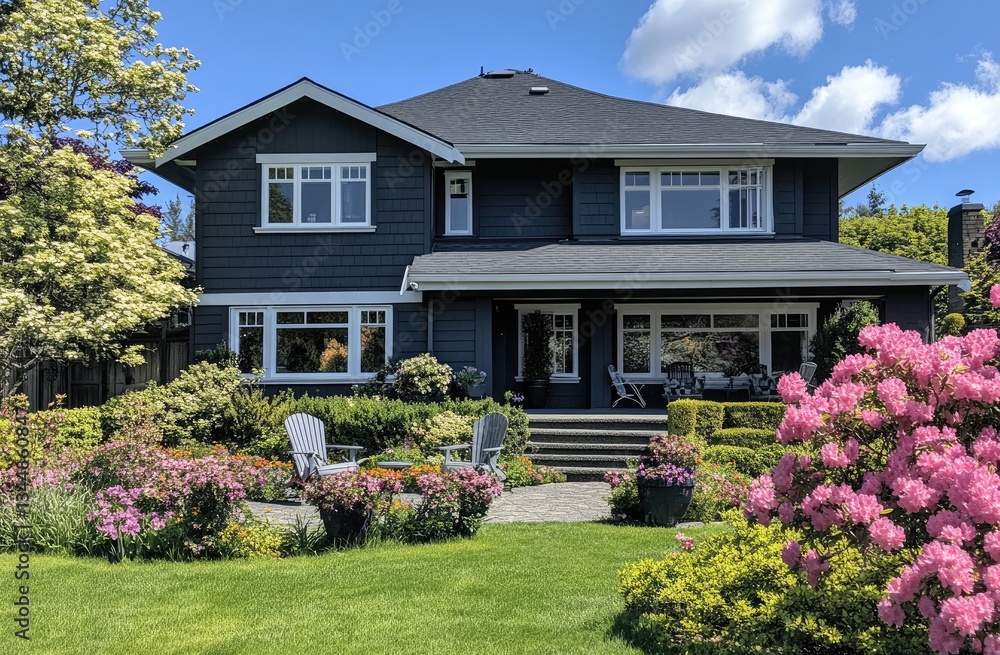 an elegant gray craftsman-style house with white trim. In the front yard, there is lush green grass and colorful flowers. an elegant gray craftsman-style house with white trim. In the front yard, there is lush green grass and colorful flowers.