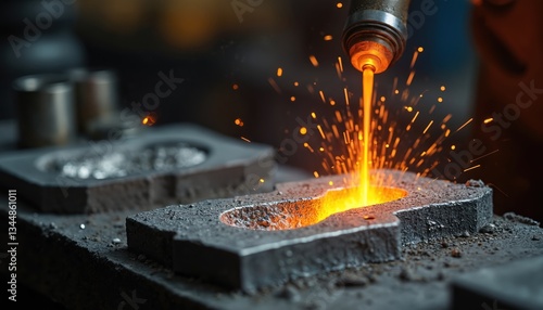 Silver casting close-up in jewelry workshop. Molten silver pours to mold for custom piece. Sparks fly. Metalwork production, craft industry. Goldsmith creates handmade jewellery with burner, jeweler