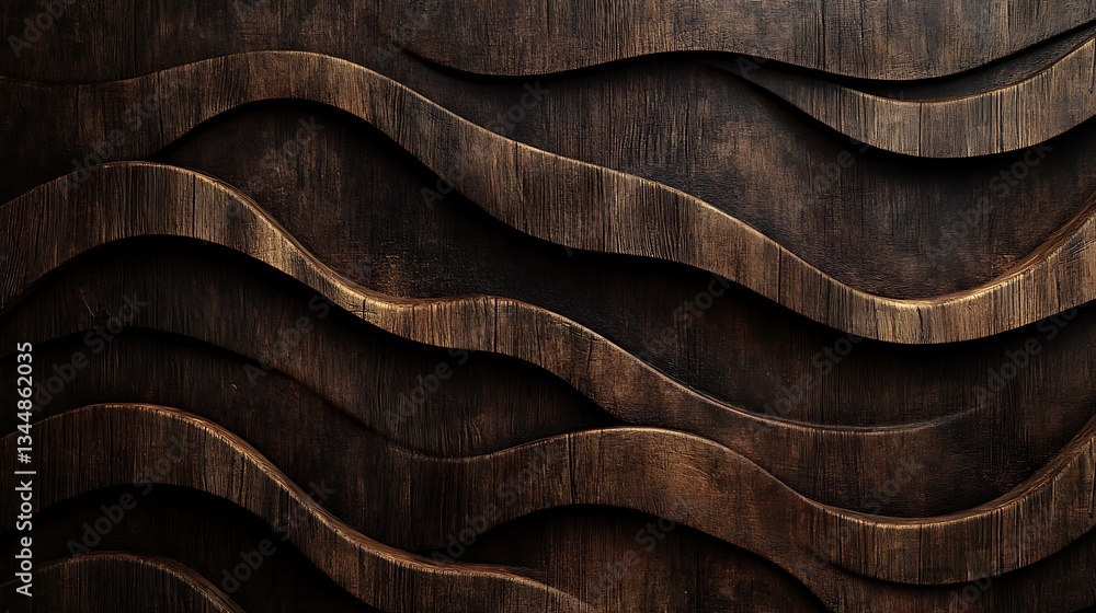 Dark brown wooden wall with wavy, carved pattern. Dark brown wooden wall with wavy, carved pattern.