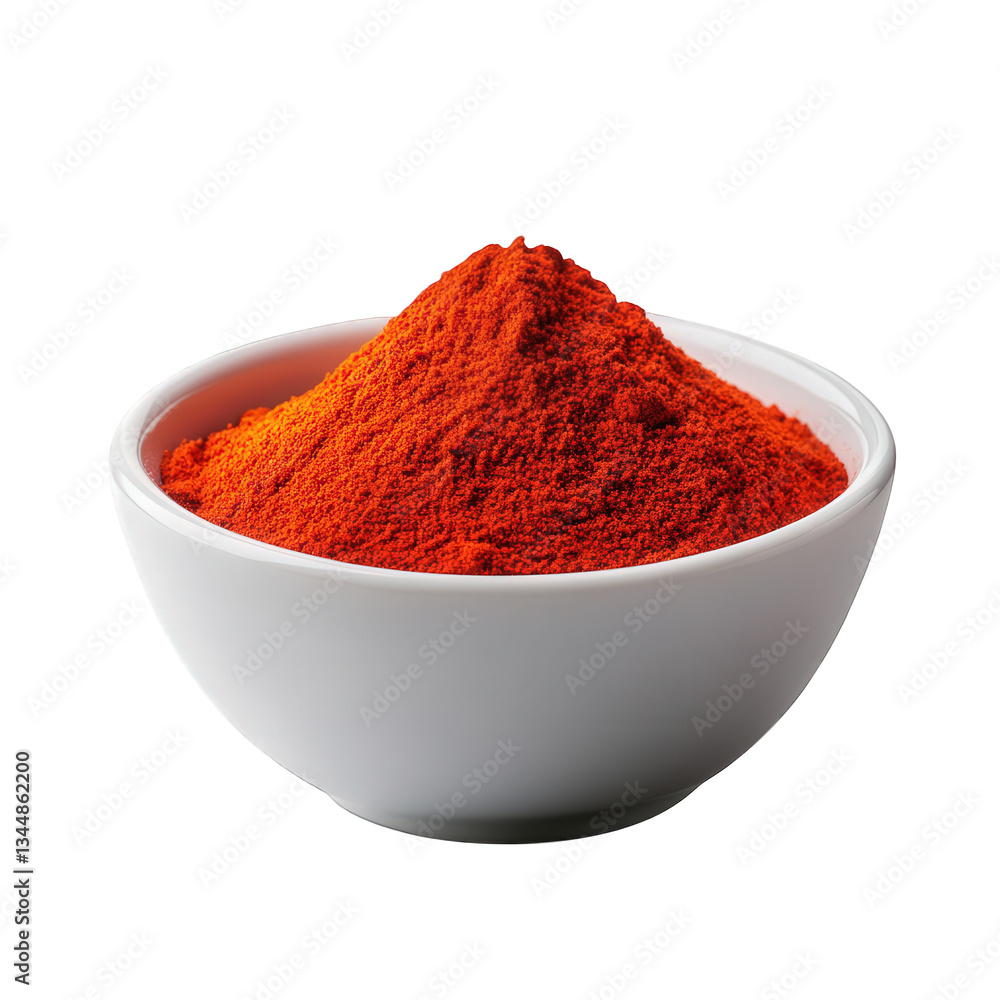 Vibrant red chili powder in a white bowl on a transparent background showcasing the rich texture and color of spices commonly used in cooking Vibrant red chili powder in a white bowl on a transparent background showcasing the rich texture and color of spices commonly used in cooking