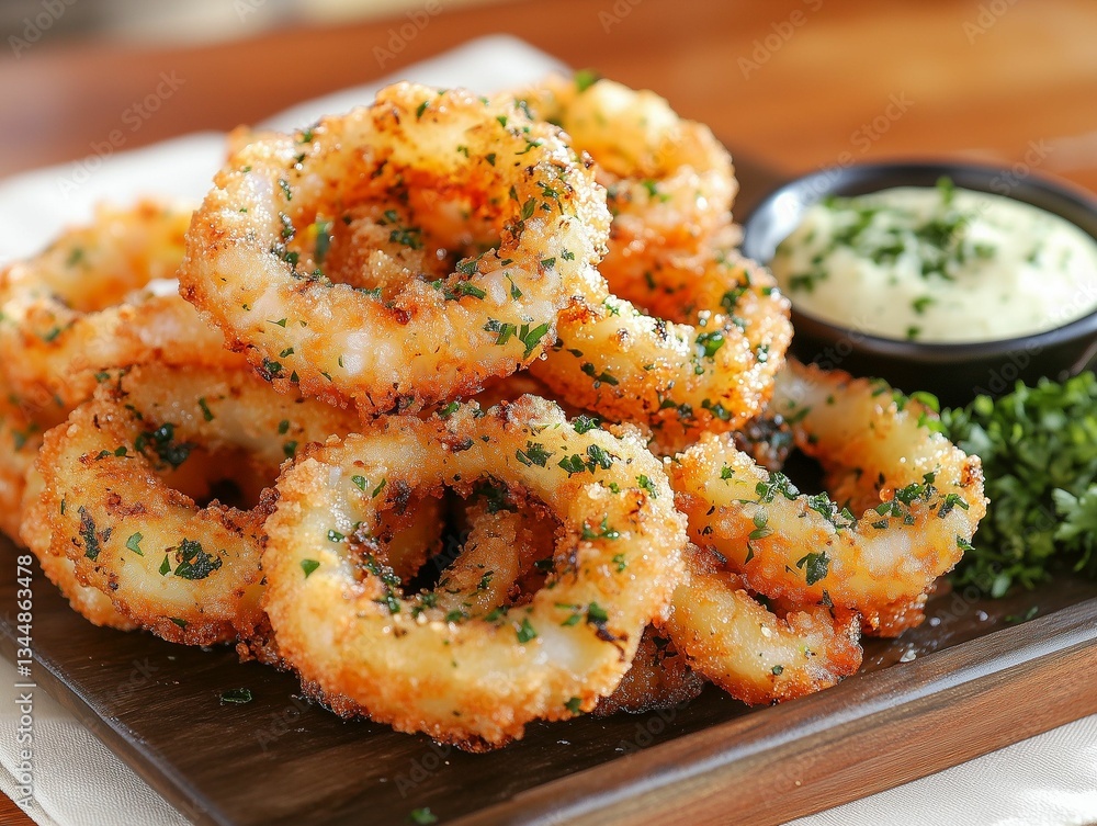 Golden Fried Squid Rings on Table Golden Fried Squid Rings on Table
