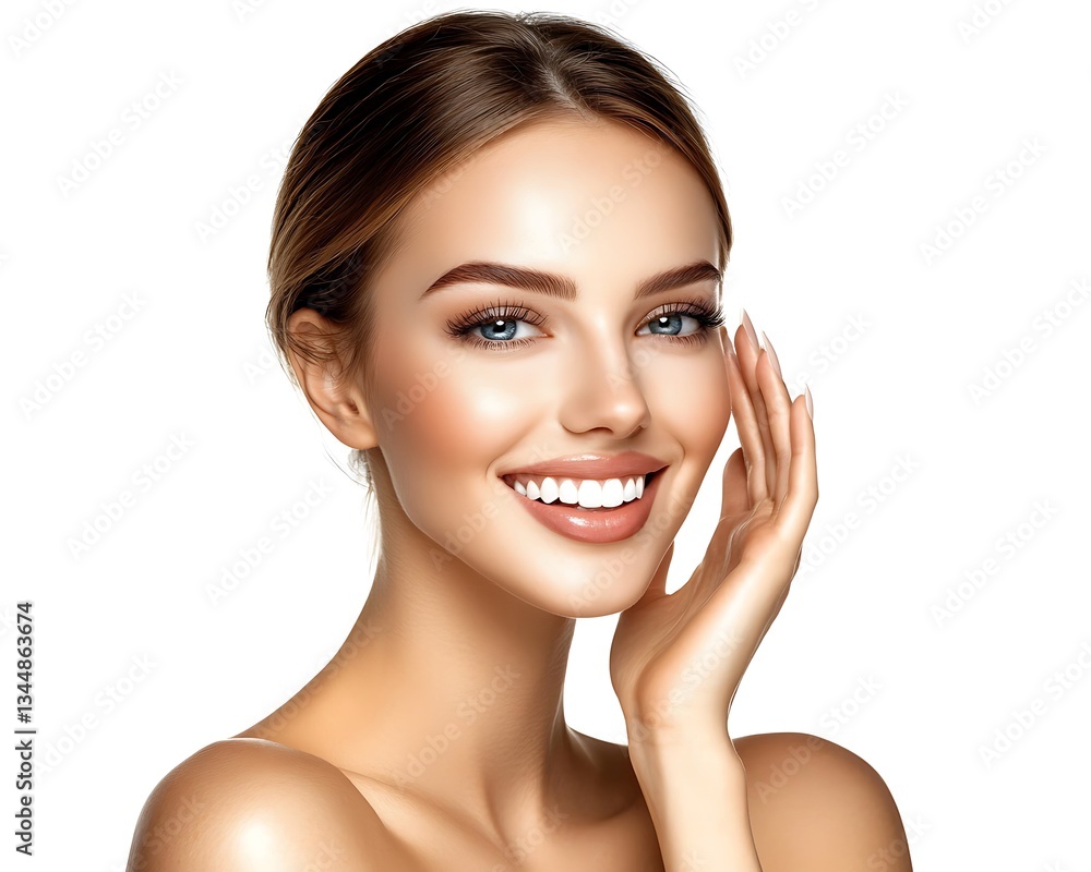 A beautiful woman smiling with perfect skin and makeup is shown A beautiful woman smiling with perfect skin and makeup is shown