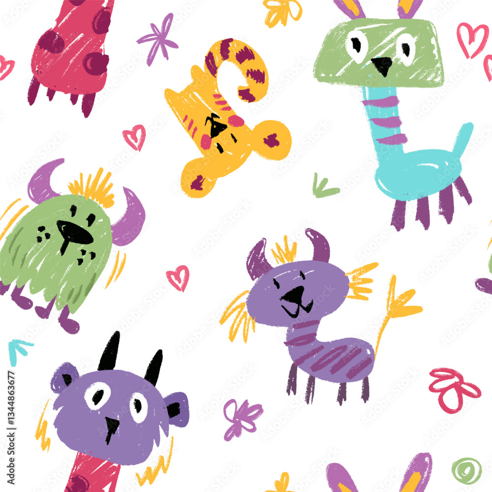 Obraz premium Seamless pattern with cute crayon monsters. Vector cartoon doodle illustration with kind children drawing for halloween or notebook cover, wrapping paper or birthday decor