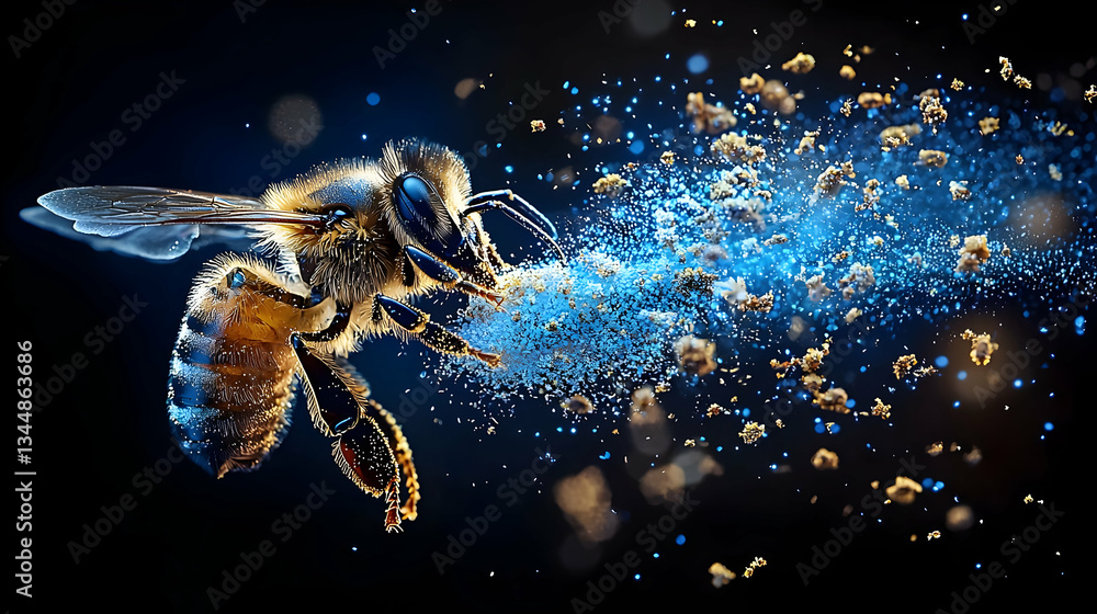 Extreme Close-up of a Honeybee Collecting Pollen with Sparkling Blue Particles in Nature Extreme Close-up of a Honeybee Collecting Pollen with Sparkling Blue Particles in Nature