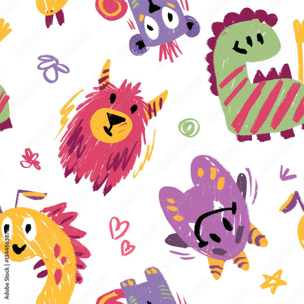 Seamless pattern with crayon children drawing. Vector cartoon doodle illustration with cute kind monsters for halloween or notebook cover Seamless pattern with crayon children drawing. Vector cartoon doodle illustration with cute kind monsters for halloween or notebook cover