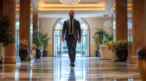 Confident businessman walking through an elegant hotel lobby with luxurious decor and plants