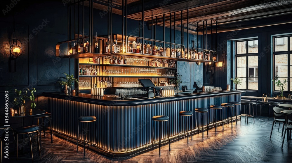 Obraz premium Sophisticated Bar Interior Featuring Blue and Dark Wood Accents